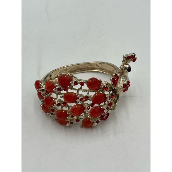 Red Cabachon Beaded Rhinestone Gold Tone Peacock Bangle Bracelet - Picture 8 of 11